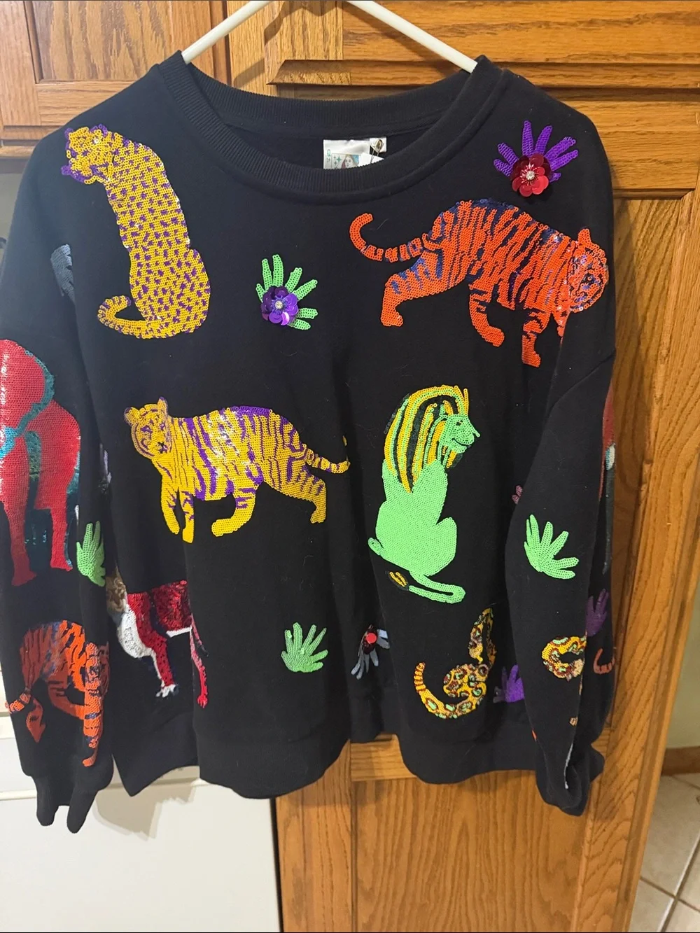 QUEEN OF SPARKLES Black Sweater with Neon Animal Appliqués - Picture 1 of 12